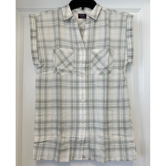 UNTUCKit Shirt Womens 2 Plaid Button Up Cap Sleeve Gray Flannel VILLEFRANCHE - Picture 1 of 5